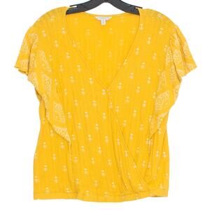Lucky Brand Womens Top Drop Needle Ruffle Surplice Mustard Yellow Size Large KK